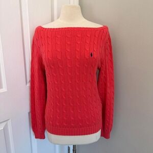 ORANGE RALPH LAUREN BOAT NECK CABLE KNIT SWEATER